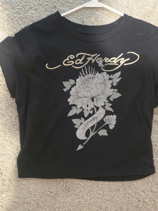 Ed Hardy Tops - Ed Hardy Black Tee with Gold Logo and Silver Floral Print